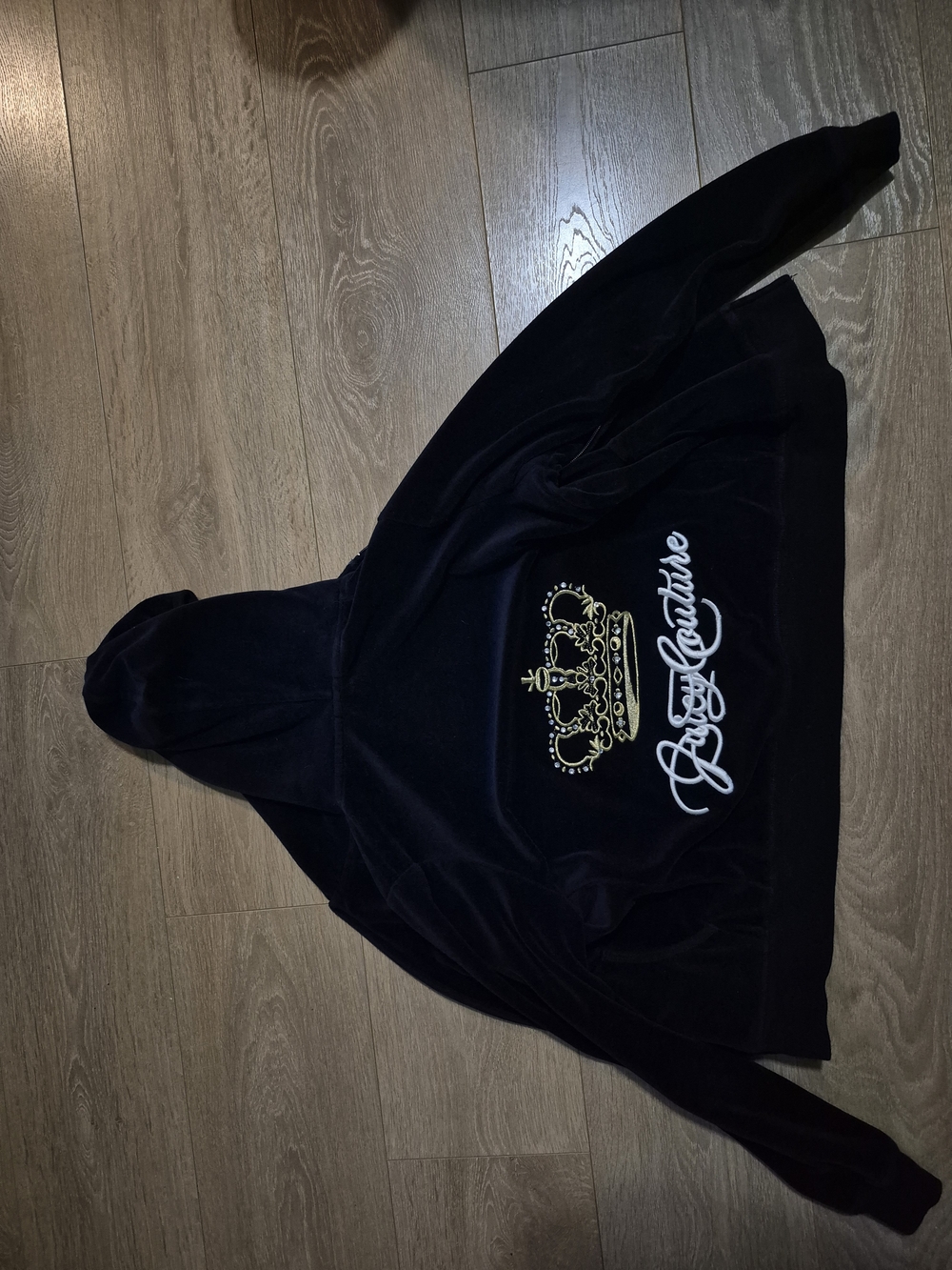 Juicy Couture Black Velour Hoodie with Gold Crown Embroidery